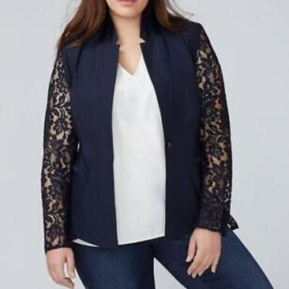 Lane‎ Bryant Navy Lace Sleeves High-Low Back Bryant One Button Career Blazer 14 - Picture 12 of 13
